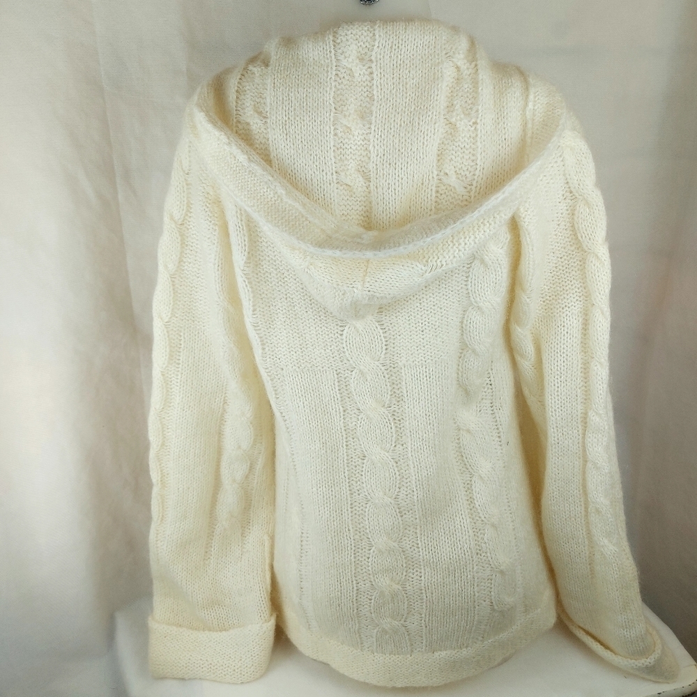 Vintage wool mohair fuzzy cable knit hooded sweater kimono sleeve Size Medium - Picture 11 of 13